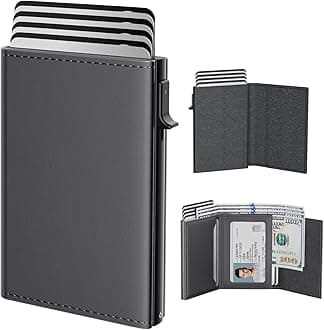 typecase Mens Wallet Card Holder: Pop Up Aluminum Case, Premium Genuine Leather, Smart, RFID Blocking, Slim, Minimalist, Front Pocket - 9-14 Card Capacity | ID Window | Cash Slot - Deep Grey