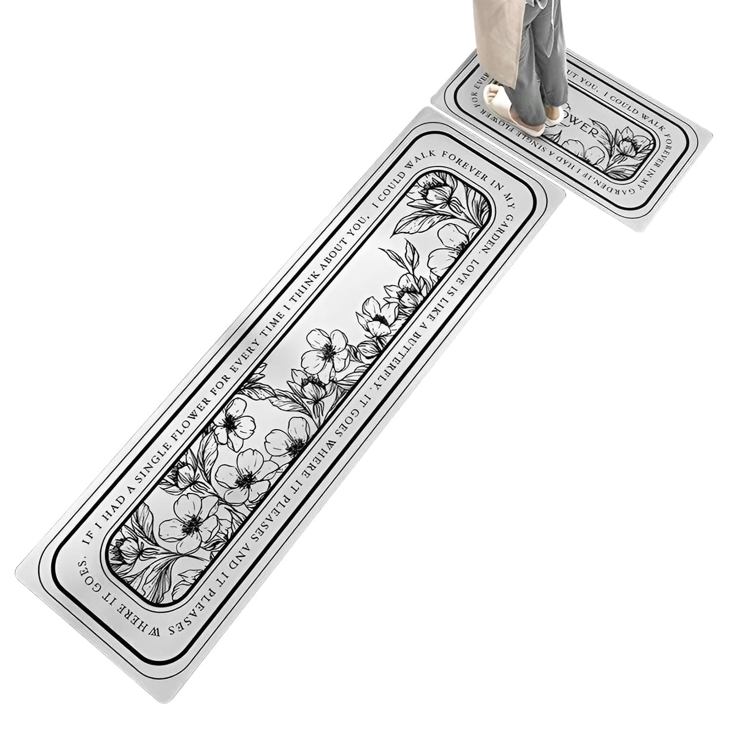 BEYWAY Kitchen Mats, 2 Pcs Cushioned Anti-Fatigue Kitchen Set, Royal Flower Patterns, L-Shape Waterproof Floor Mats Washable for Kitchen Bathroom Sink Laundry Room, Water Oil Absorption Mat (Black)