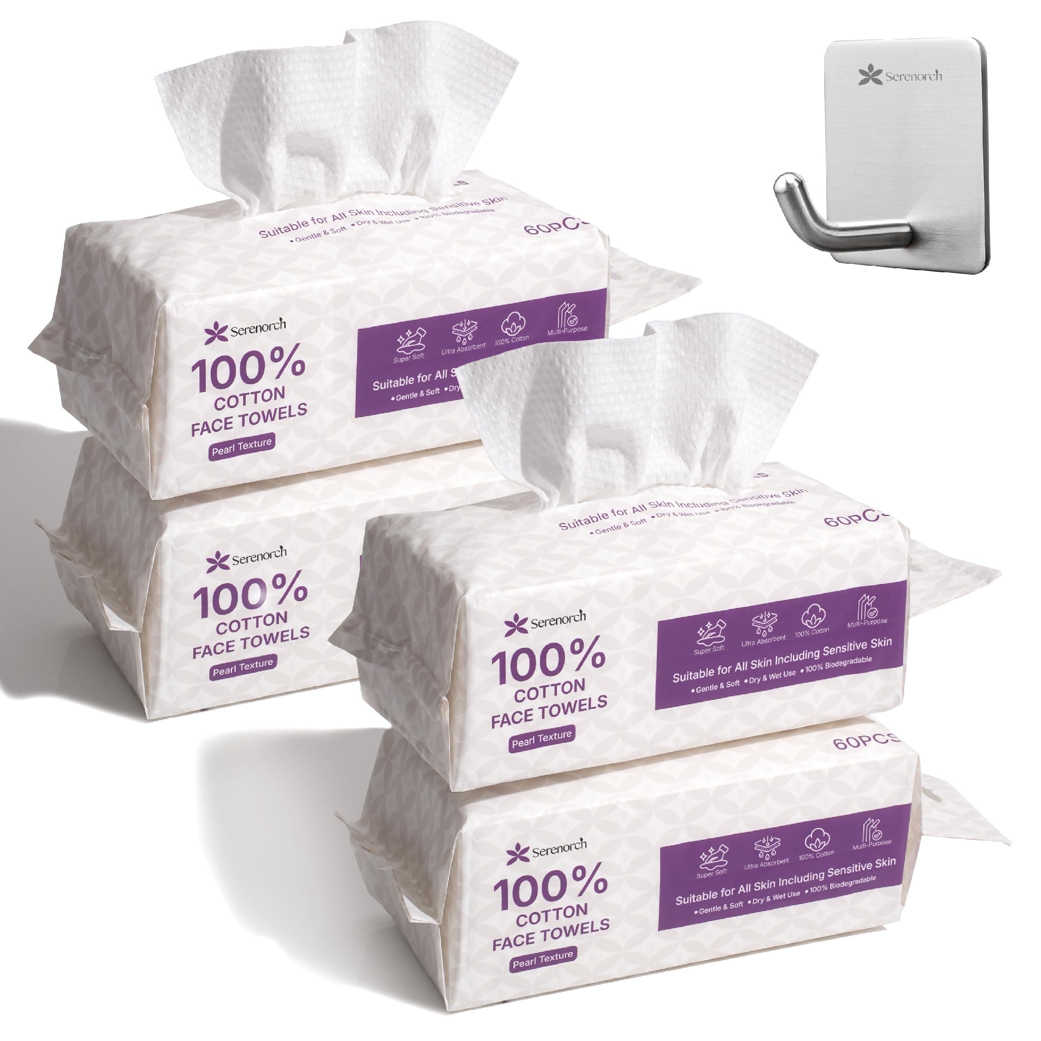 100% Cotton Disposable Face Towels 240 Count, Soft Cotton Tissue for Sensitive Skin, Makeup Remover Dry Wipes, Lint Free Facial Cleansing Cloths for Baby & Adult, Hanging Bag