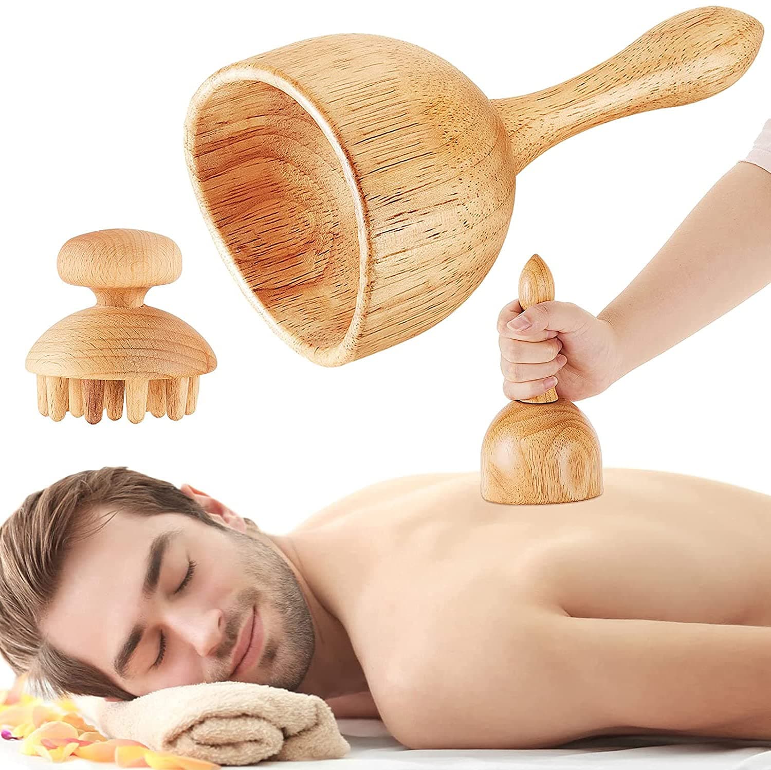 KASTWAVE Wood Massage Tool Include Wooden Handheld Massage Cup and Mushroom Wood, Therapy Cellulite Cupping Set, Therapy Massage Tools for Full-Body Muscle Tension Relief & Body Contour