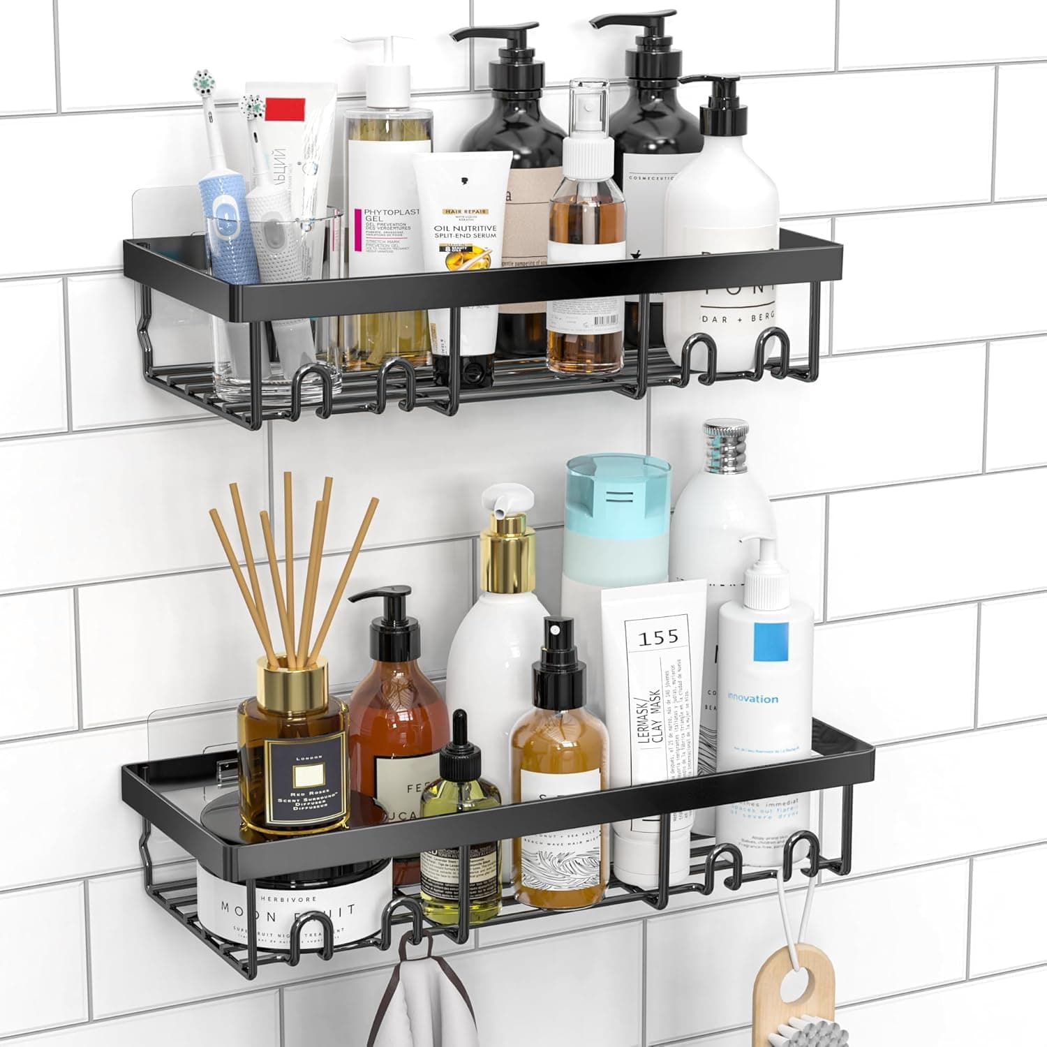 Shower Caddy Shelf Organiser 2 Pack, No Drill Black Shower Shelves,Self Adhesive Bathroom Storage Accessories