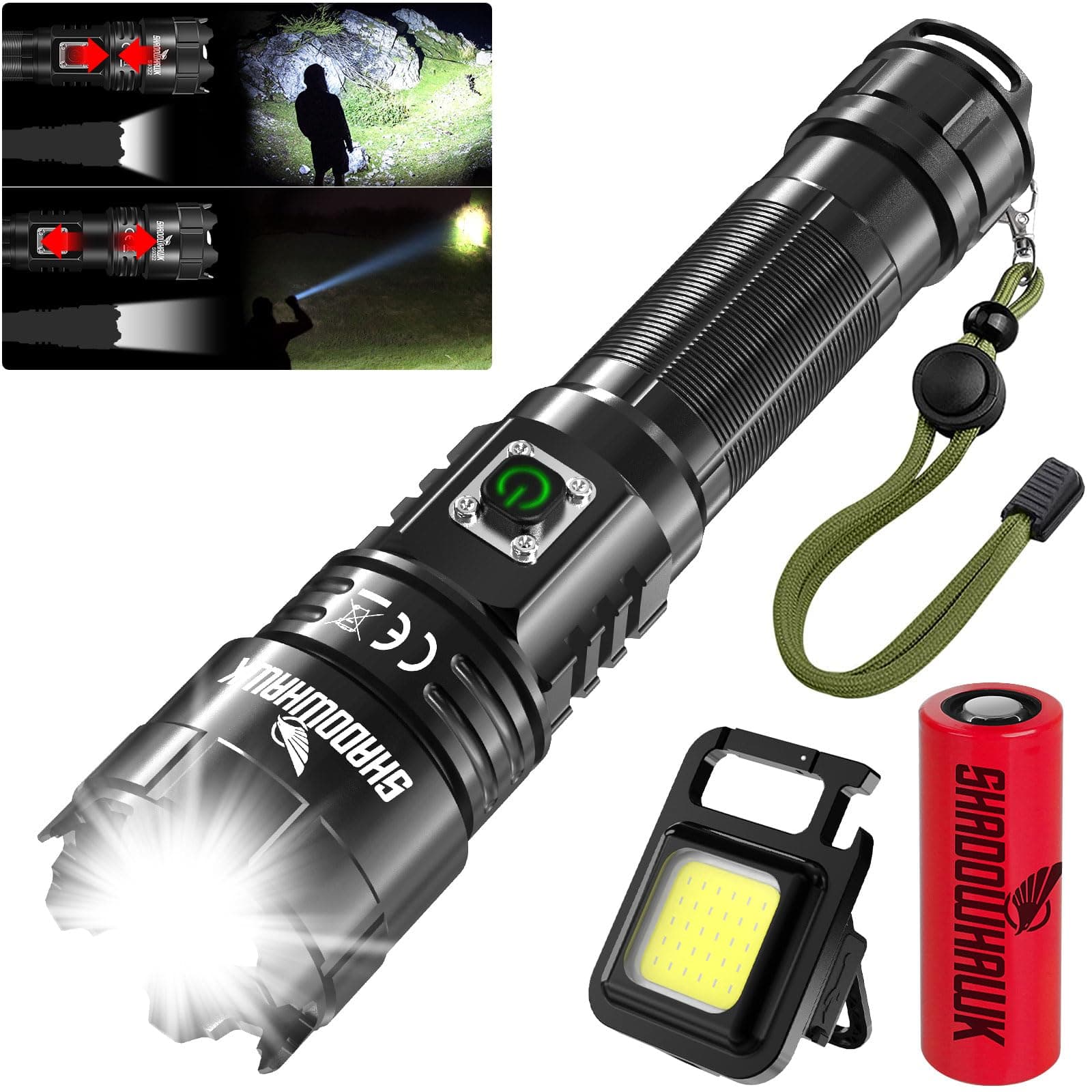 Shadowhawk Flashlight LED Rechargeable, Super Bright Torch Light 15000 lumens XHP70.2, Tactical flash light, High Power Handheld Flashlights, Waterproof Zoomable for Outdoor Camping Emergency