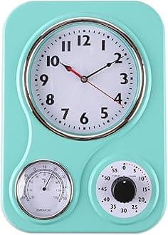 Lily's Home Retro Kitchen Wall Clock, with a Thermometer and 60-Minute Timer, Ideal for Any Kitchen, Turquoise (9.5 in x 13.3 in)