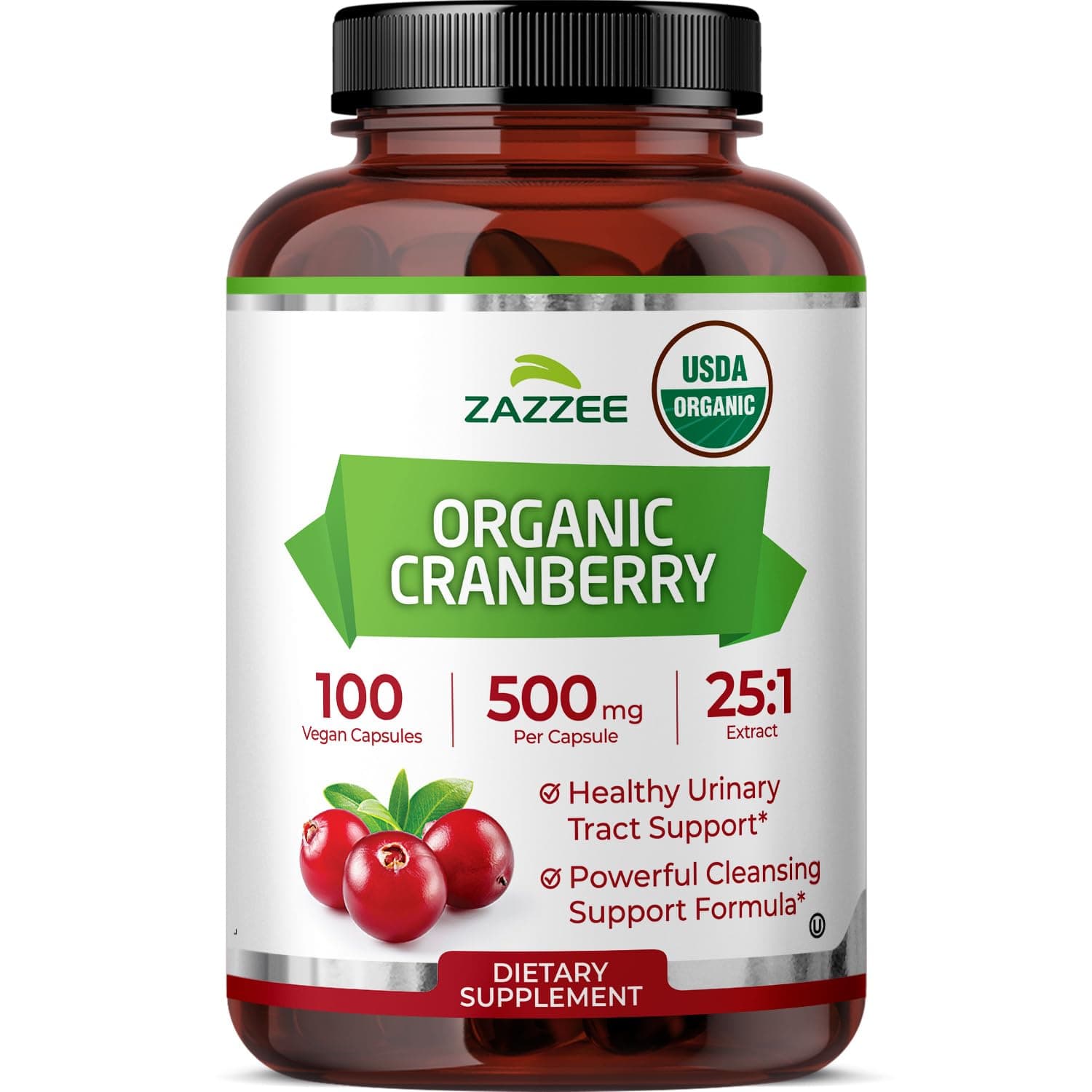USDA Organic Cranberry 25:1 Extract, 500 mg per Capsule, 100 Vegan Capsules, 3+ Month Supply, Certified Kosher, Vaccinium Macrocarpon, Urinary Tract & Bladder Support, Non-GMO, Made in the USA