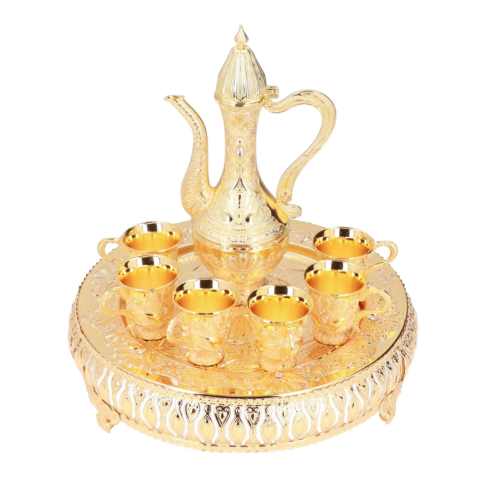 Alvinlite Vintage Small Turkish Coffee Pot Set, Turkish Tea Set with 6 Coffee Cups, Gold Wine Carafe and Glasses Set, Tiny Turkish Copper Coffee Cup Set for Home Tea Party 5.11 * 8.46inch(W*H)