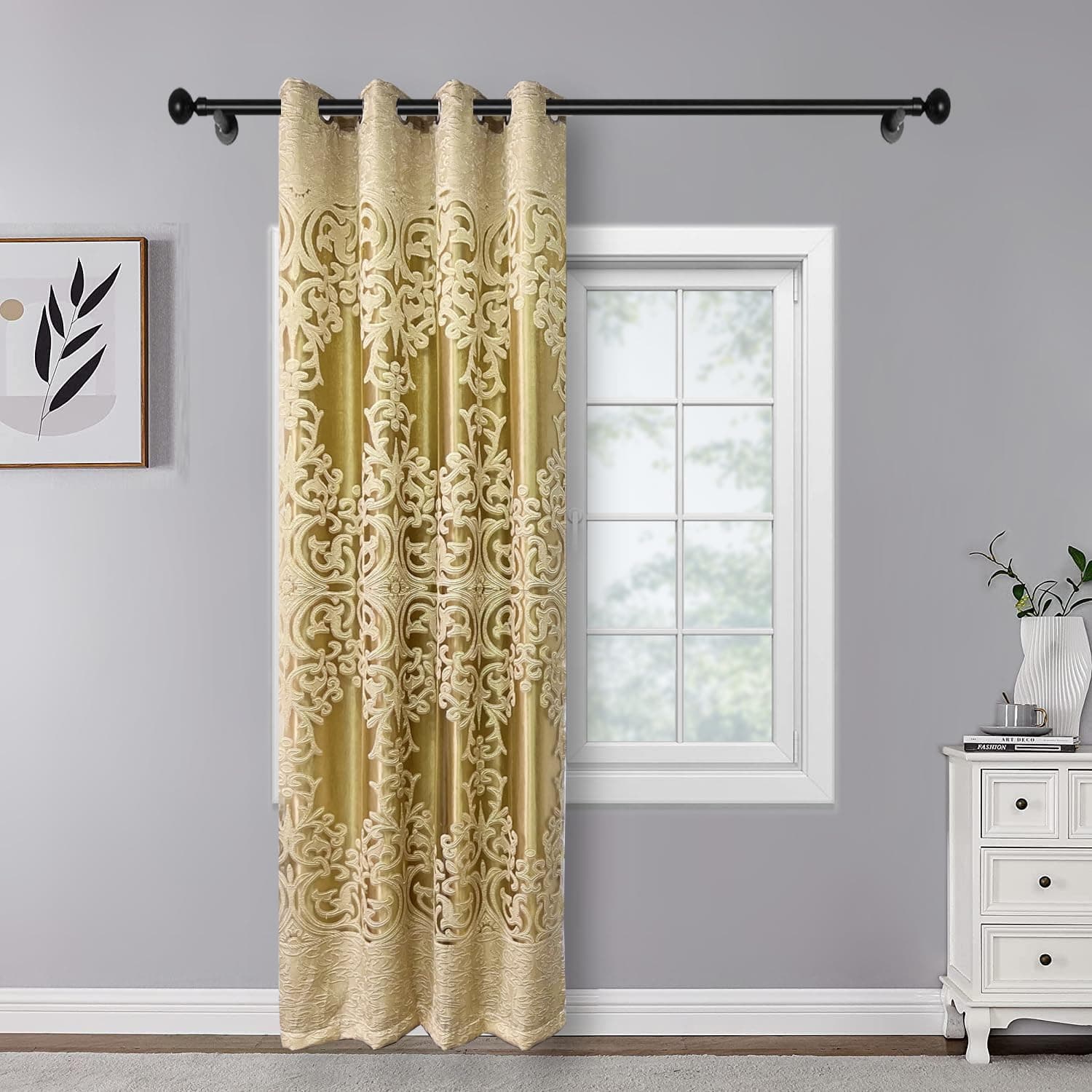 1 Panel Double-Layer European Curtain Grommet Top Floral Jacquard Voile Curtain Plus Gold Blackout Curtain Drape for Living Room Bedroom Balcony