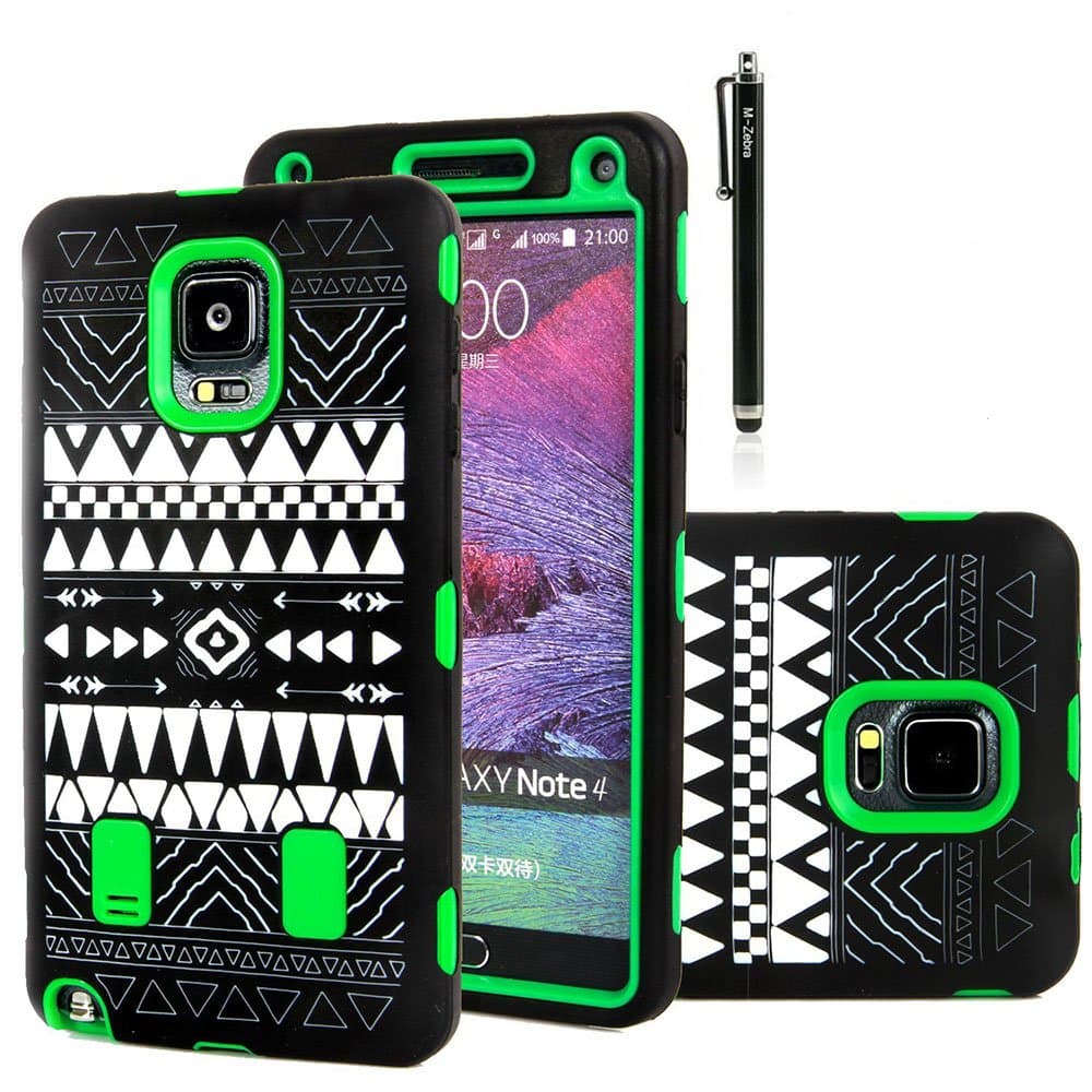 Note 4 Case, M-Zebra Galaxy Note 4 Case Cover - Shock Absorption / High Impact Resistant Full Body Hybrid Armor Protection Defender Case Cover for Samsung Galaxy Note 4,with Screen Protectors+Stylus (Black)+Cleaning Cloth (Tribal Green)