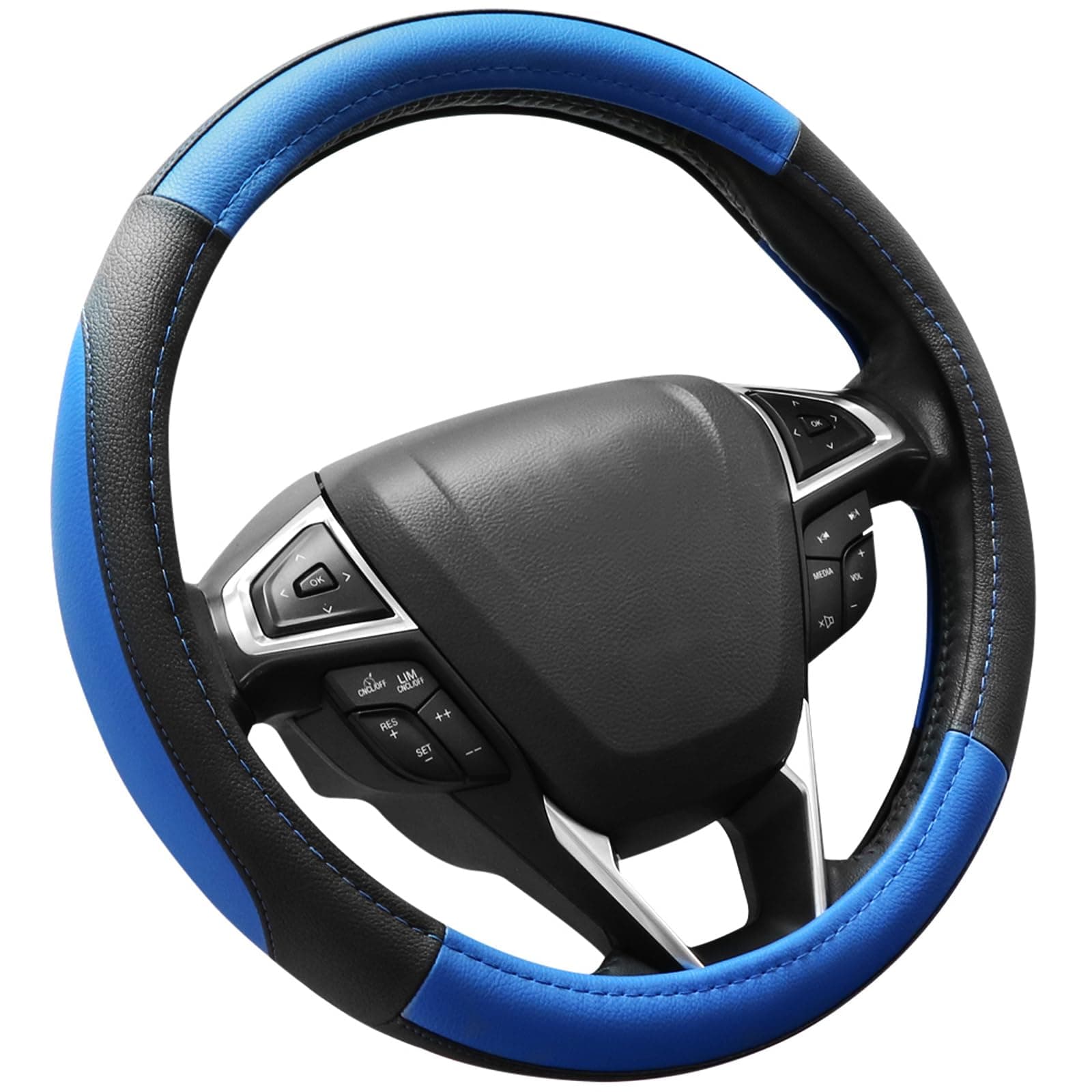 Black and Blue Microfiber Leather Auto Car Steering Wheel Cover Universal 15 inch