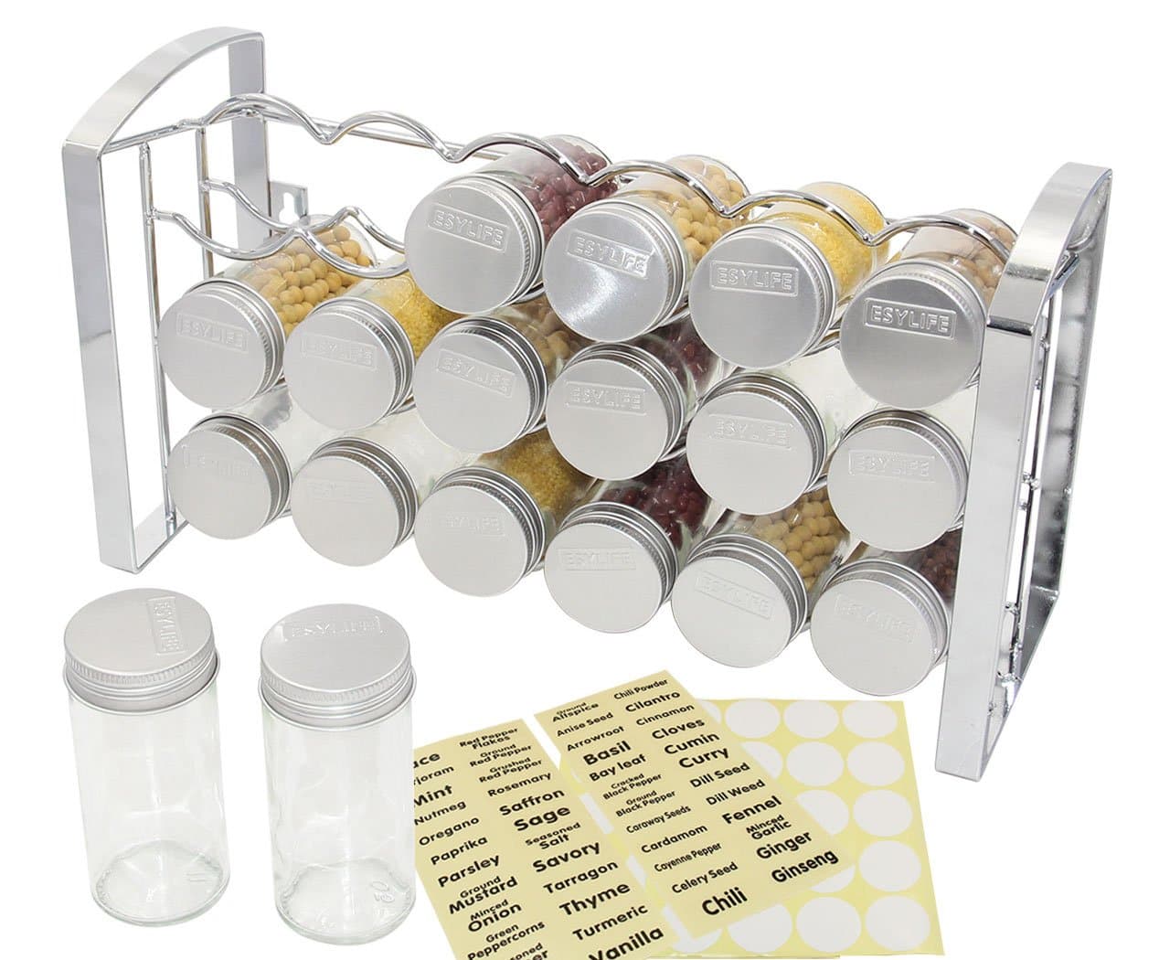ESYLIFE Spice Rack with 18 Jars and Mark Labels, Wall Mounted/Free Standing Spice Organiser,Chrome