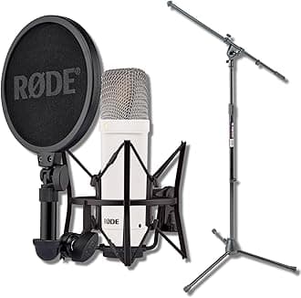 Rode NT1 Signature Series - White Condenser Microphone with SM6 Shockmount, Tripod Base Microphone Stand and Pop Filter
