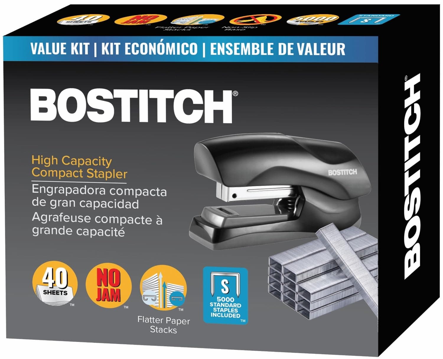 Bostitch Office Heavy Duty 40 Sheet Stapler with 1250 Staples & Claw Remover, Small Stapler Size, Fits into The Palm of Your Hand, Value Pack, Red (B175-BLK-VP