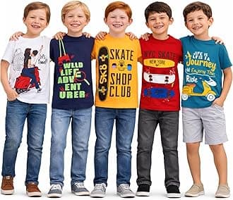 T2F Boys Cotton T-Shirts Pack of 5 |Soft Cotton Breathable Fabric | Half Sleeve Round Neck | Multicolor Casual Wear Combo | Kids Clothing for 2–16 Years