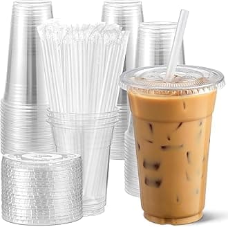 100 Pack 24 oz Disposable Plastic Cups with Lids and Straws, Clear Iced Coffee Cups for Cold Beverages, Smoothies, Iced Coffee, Leak-Proof, BPA-Free