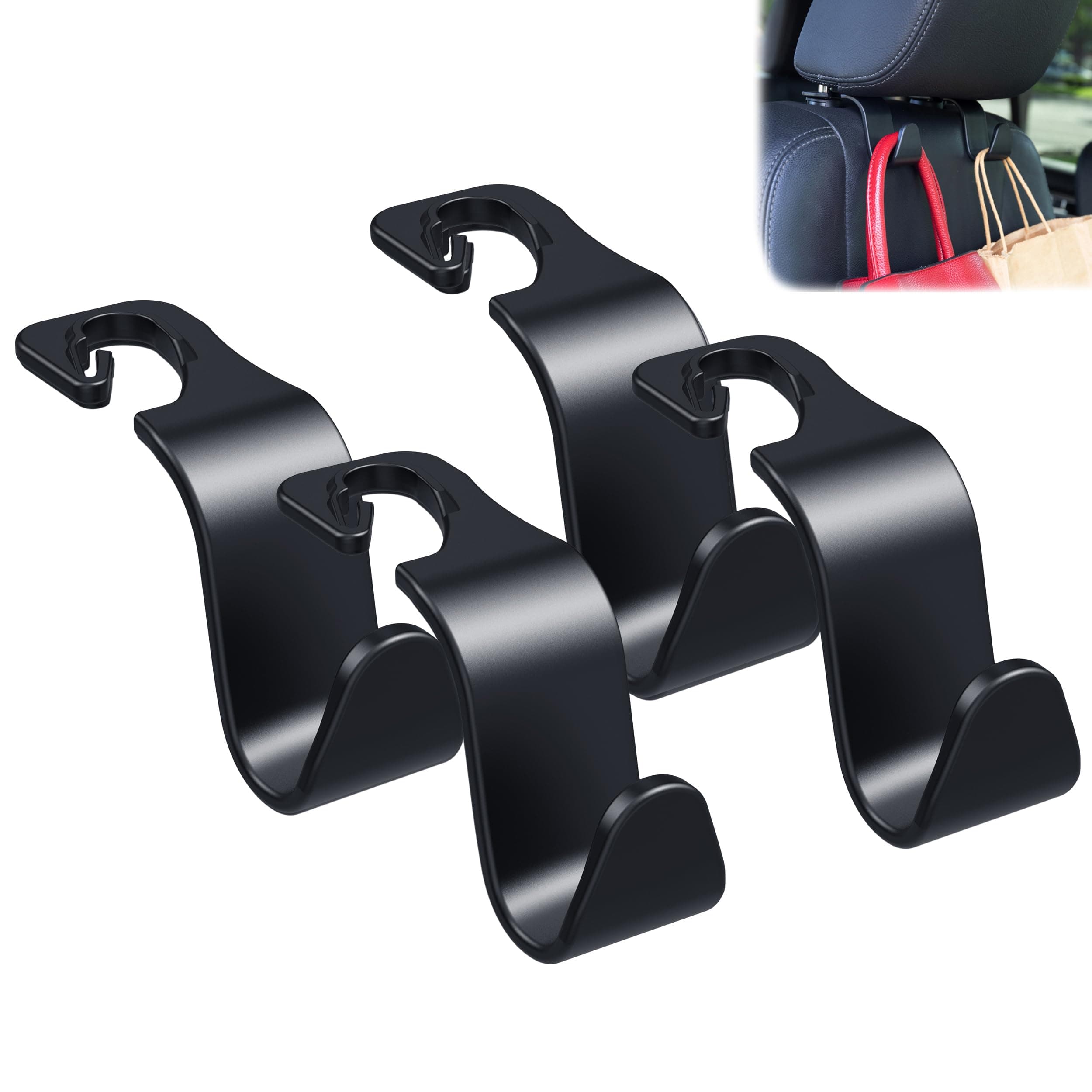 Car Seat Headrest Hook 4 Pack Hanger Storage Organizer Universal for Handbag Purse Coat Universal fit Vehicle Car Black with Buckle