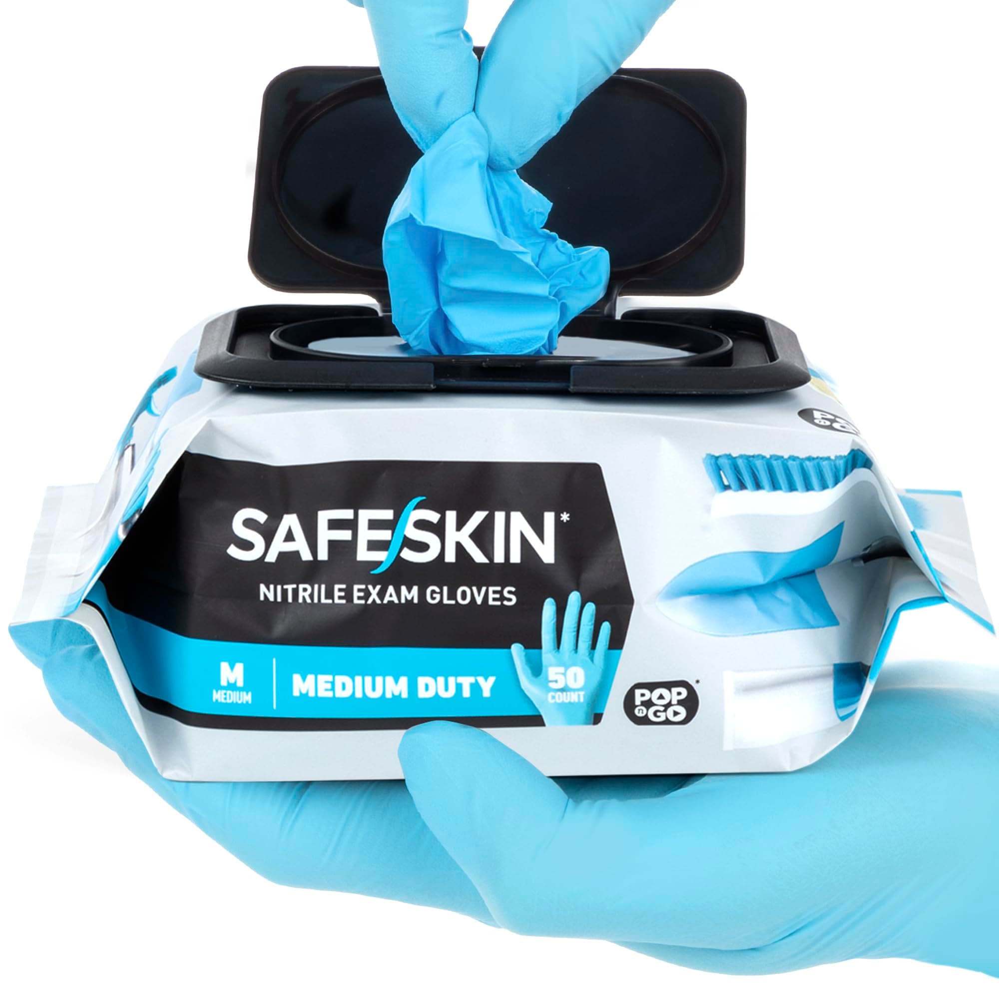 SAFESKIN* Nitrile Disposable Gloves in POP-N-GO* Pack, Medium Duty, Medium Size, Powder-Free - For Food Handling, First Aid, Cleaning, Gardening, Crafting - Exam Gloves, 50-Count