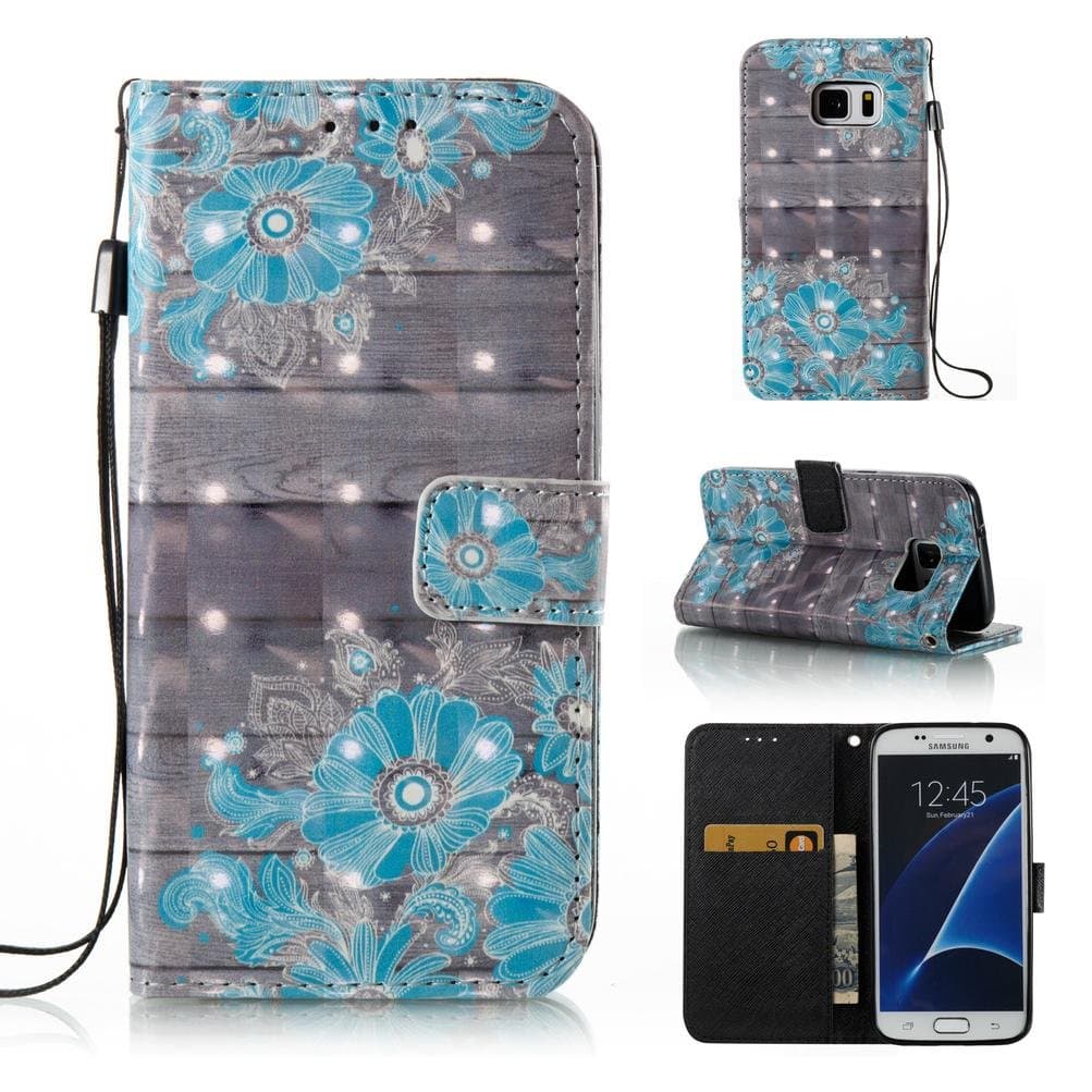 Galaxy S7 case, [wrist strap] pu leather flip book cover scratch resistance cover card holder cover magnetic case creative birthday gift for samsung s7-flower3
