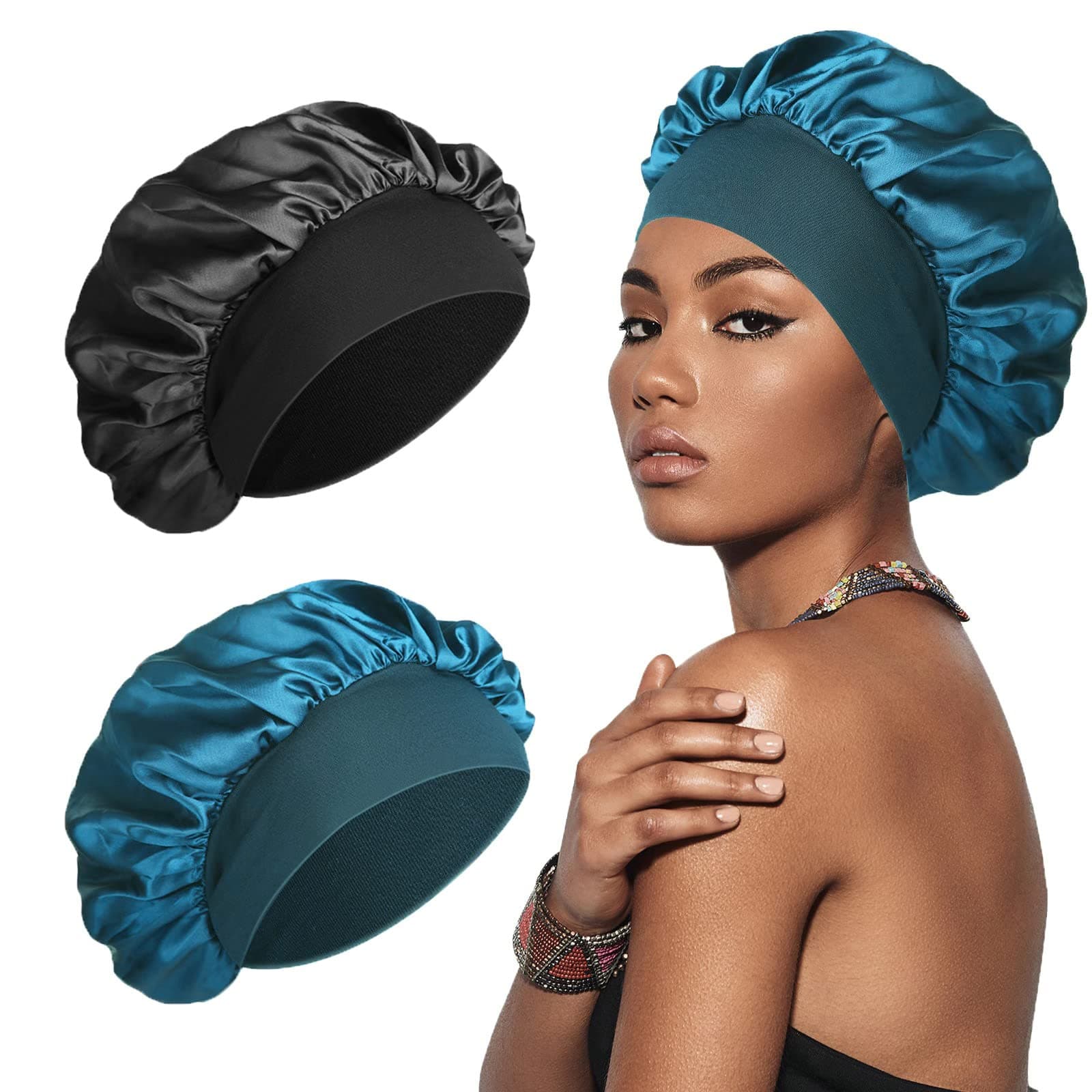 Silk Bonnet Satin Bonnet, Silk Hair Wrap for Sleeping, Soft and Comfortable Silk Sleep Cap, Black, Peacock Blue, One size