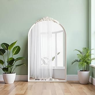 ZIYOO Vintage Arched Floor Or Wall Mirror Distressed White Carved Wood with Floral Carved Top, French Country Style Decorative Mirror for Wall Decor Bedroom, Living Room, Entryway, White, 51" x 30"