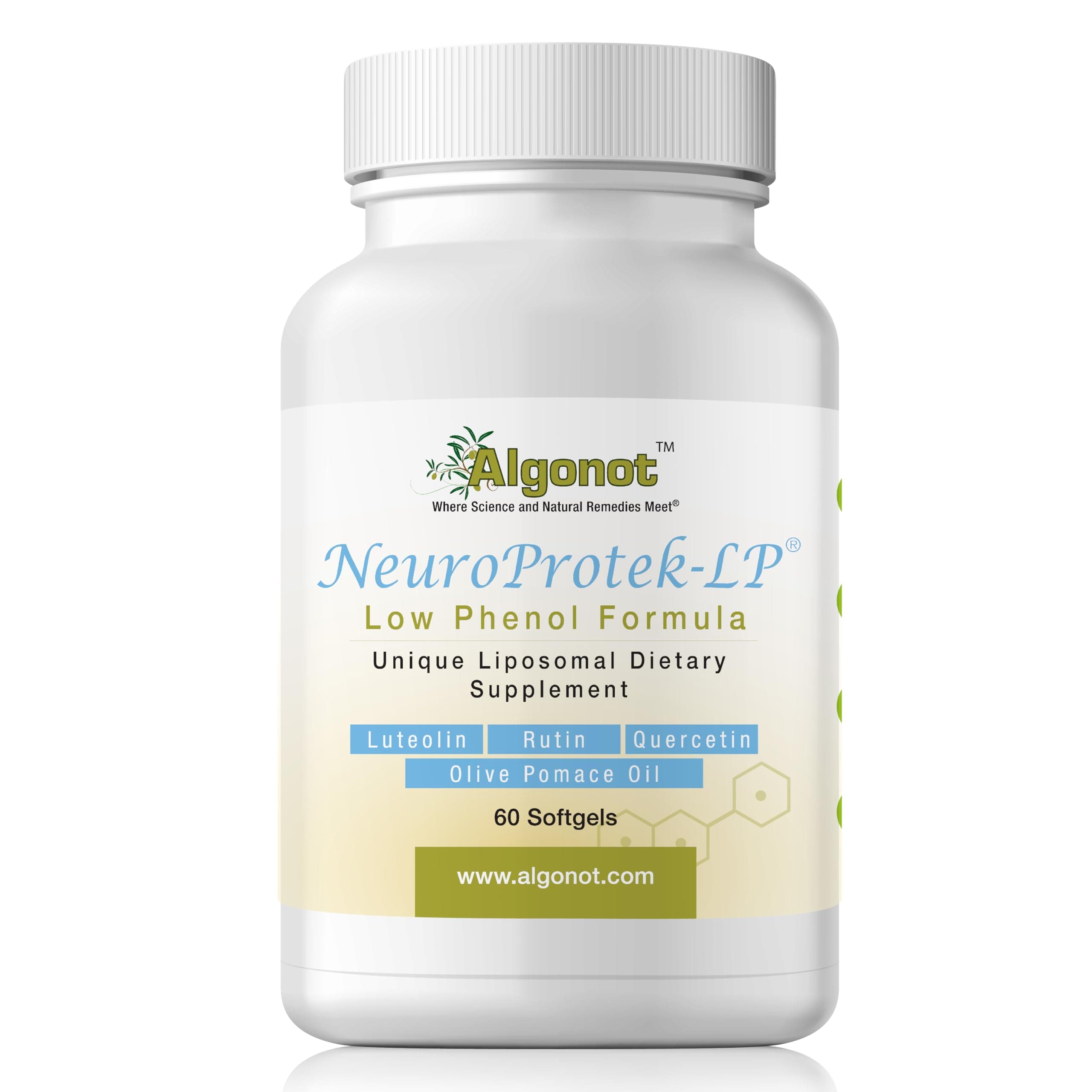 NeuroProtek Low Phenol - 60 Soft Gels Exclusive patented combination of Luteolin and other Flavinoids in Olive Pomace Oil with EVOO