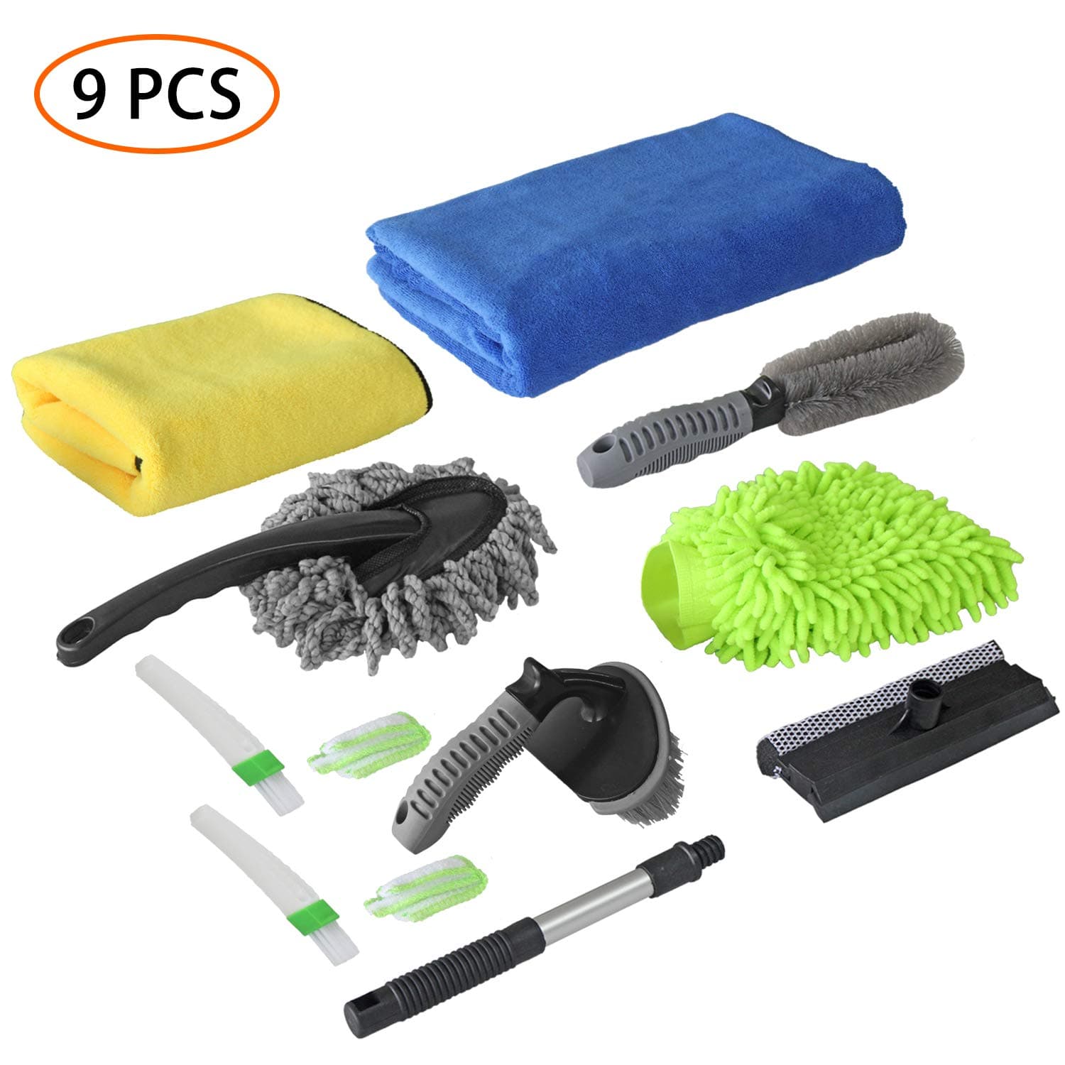 Car Washing Cleanning Tools Kit 9PCS with Car Wash Mitt,Wash Tire Brush,Indoor Double Head Window Brush,Duster,Wash Cloth,Double Head Car Vent Brush Car Cleaner Kit