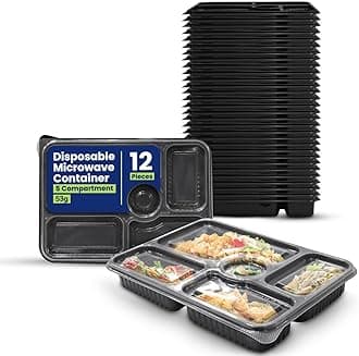 Packing 12 Pieces Microwave Disposable Container With Lid Rectangular - 5 Compartment Meal Prep Container Set - Plastic Container For Kitchen Food Storage - Take Away Containers For Lunch Boxes
