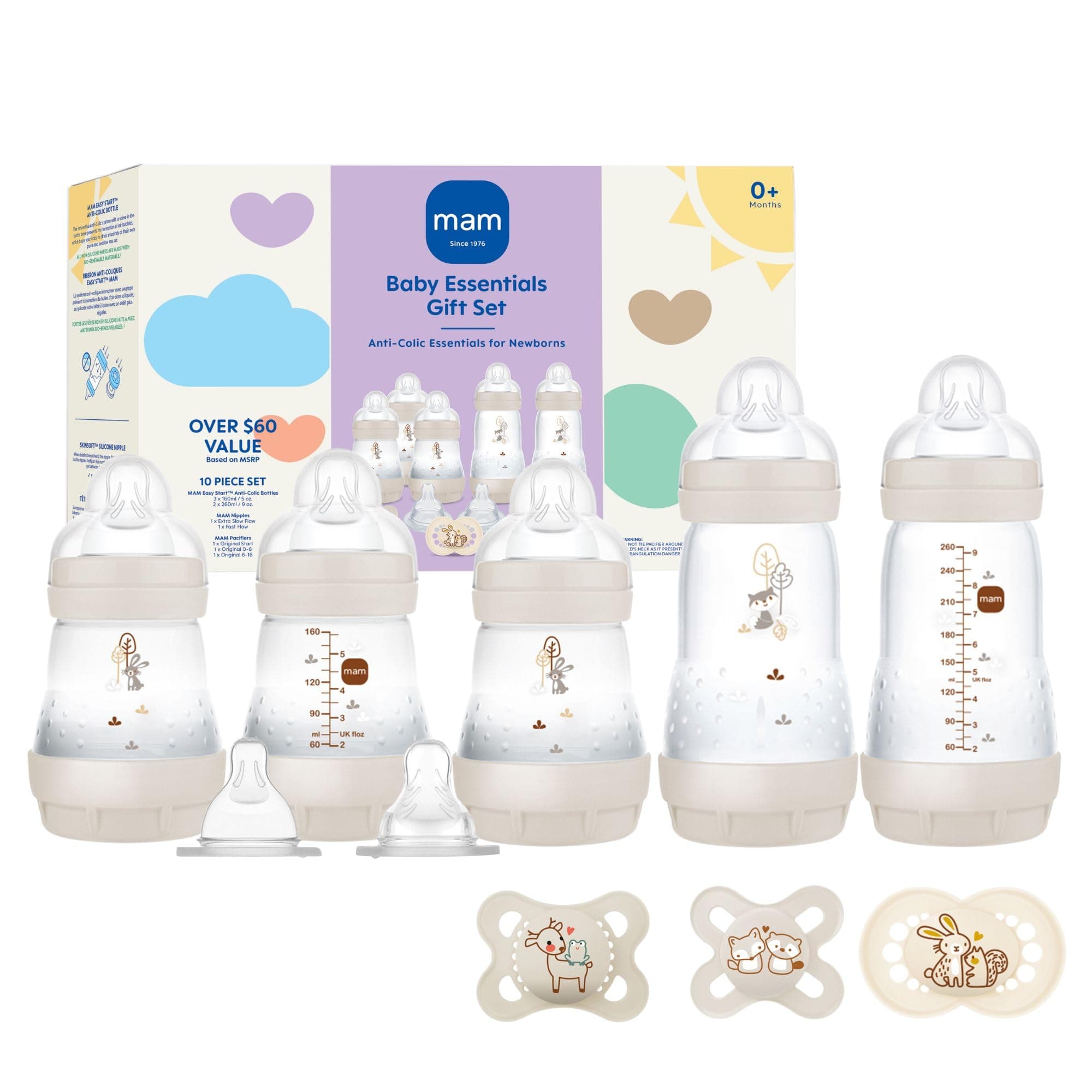 Easy Start Anti-Colic Baby Bottle & Pacifier Set, 5 Self Sterilizing Bottles (3X 5oz, 2X 9oz) & 3 Original Pacifiers 0–16 Months + Extra Nipples, Newborn Feeding Gift Set