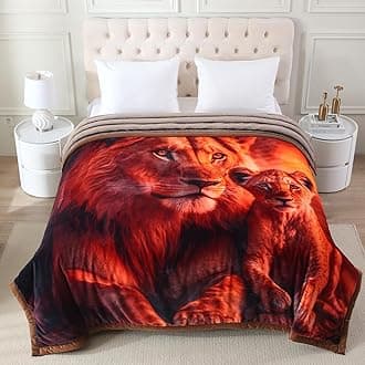 JML Heavy Korean Mink Blanket 85x93 inch - 8.4 LB, Luxury Printed Plush Flannel Fleece Blanket King Size for Men Women, Thick & Warm for Winter Fall Spring, Lion Pattern