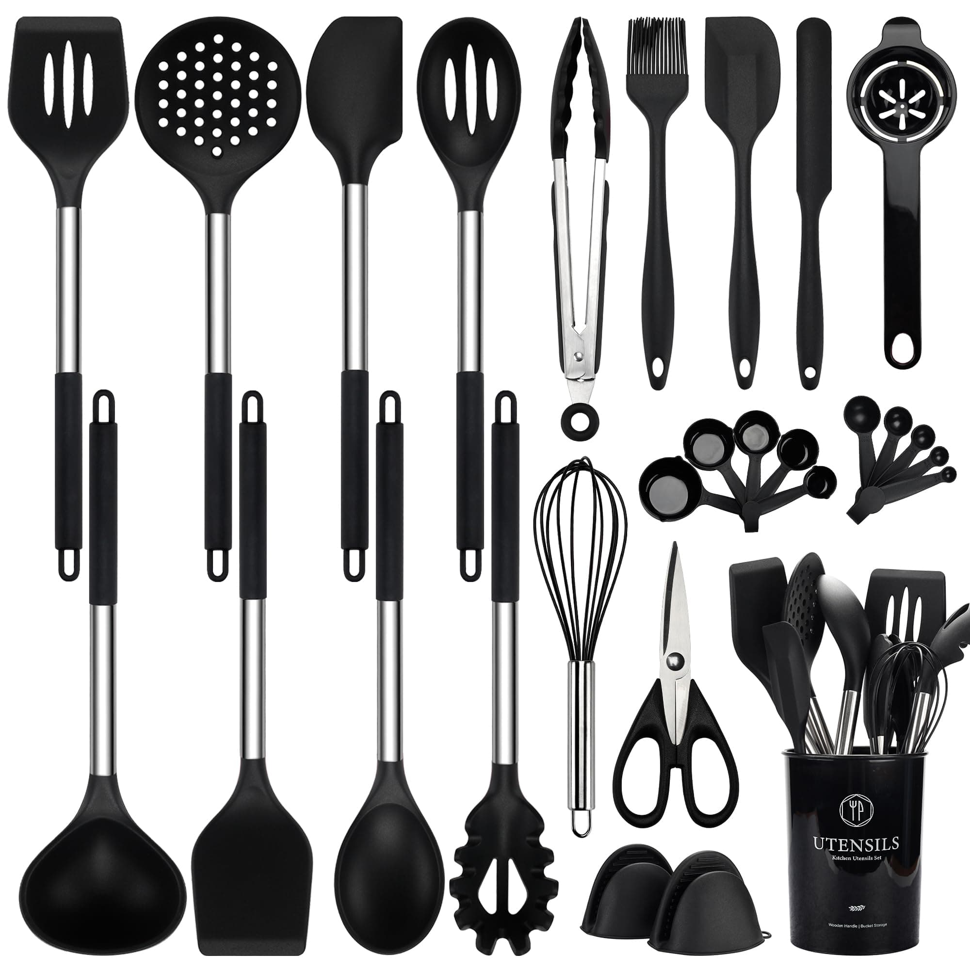 Silicone Cooking Utensils Set, 28 Pcs Kitchen Utensils Set 446°F Heat Resistant Spatula Set, Food Grade Silicone and Stainless Steel Handle Kitchen Gadgets for Nonstick Cookware BPA Free
