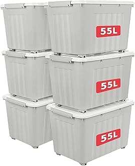 Cetomo 55L*6 Storage Boxes with Lids, Plastic Storage Box with Wheels and Secure Side Latches, Stackable & Nestable Organizer for Home, Office, Moving, PP, Gray, 55L-6 Pack