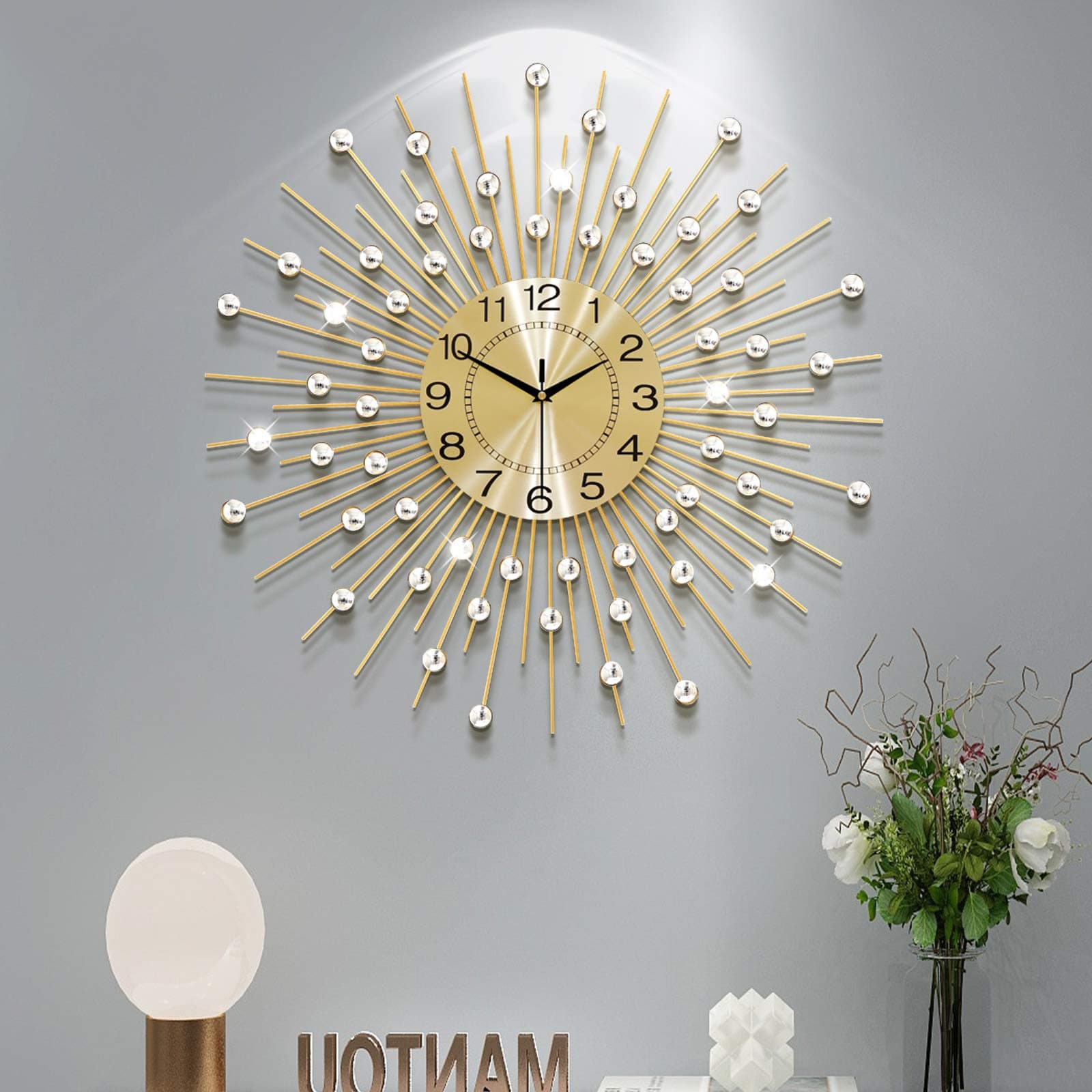 Large Wall Clocks for Living Room Decor Big Silent Wall Clock Battery Operated Non-Ticking for Bedroom Kitchen Home Decorative 24 Inches Gold Round Crystal Metal Wall Watch for Office Indoor