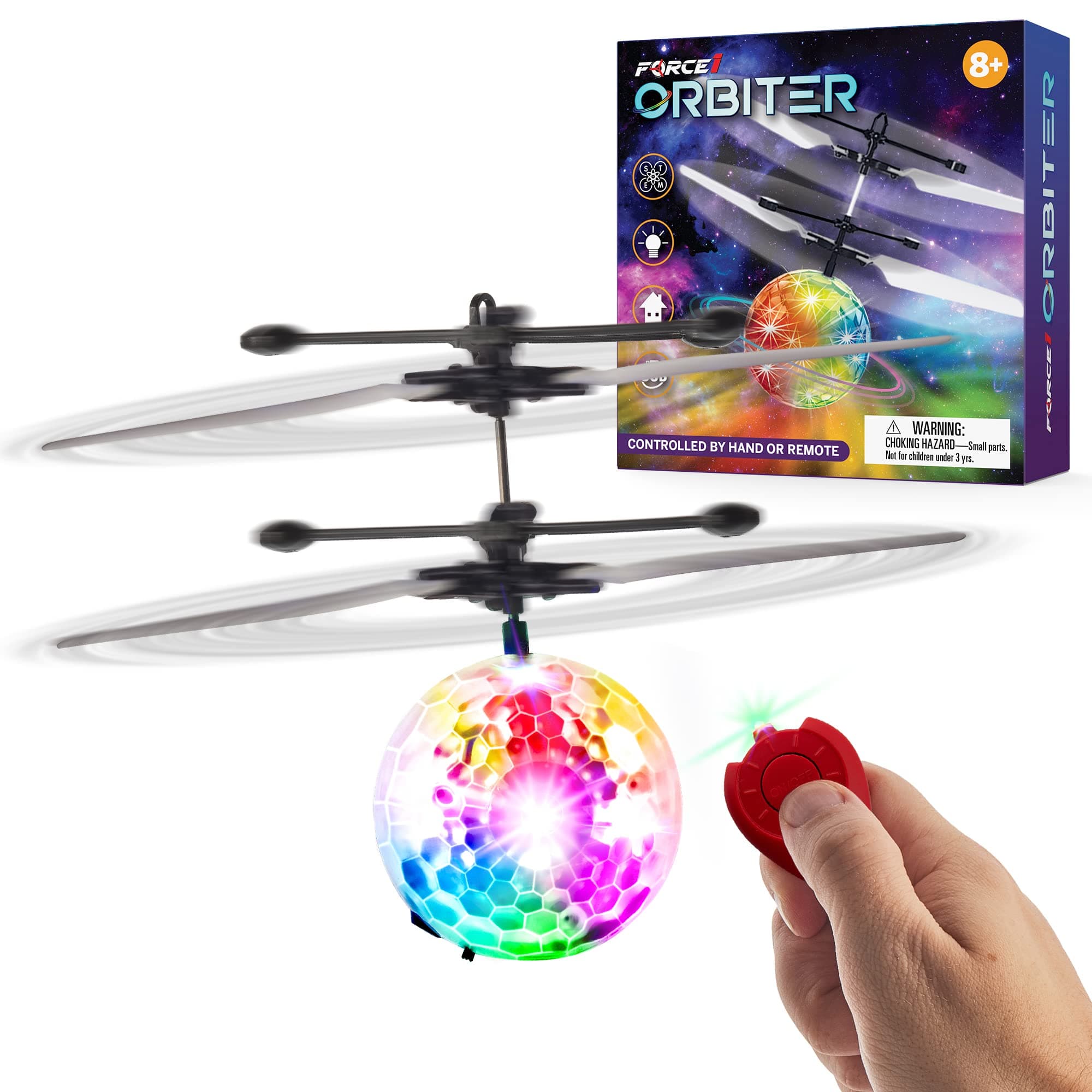 Orbiter Flying Orb Ball Toy Hand Operated Spinner Drones for Kids - Mini UFO Drone Toys with Remote, Rechargeable LED Indoor Floating Hover Hand Controlled Orb Toys