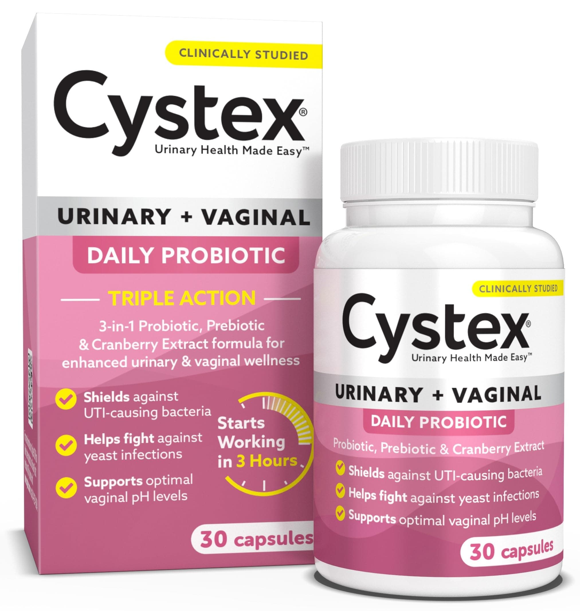 Cystex Urinary Tract Infection Probiotic: Rapid Relief & Proactive UTI Protection for Women, 3-in-1 Support with Prebiotics, Probiotics, and Cranberry, Defense Against Yeast Infections, 30ct