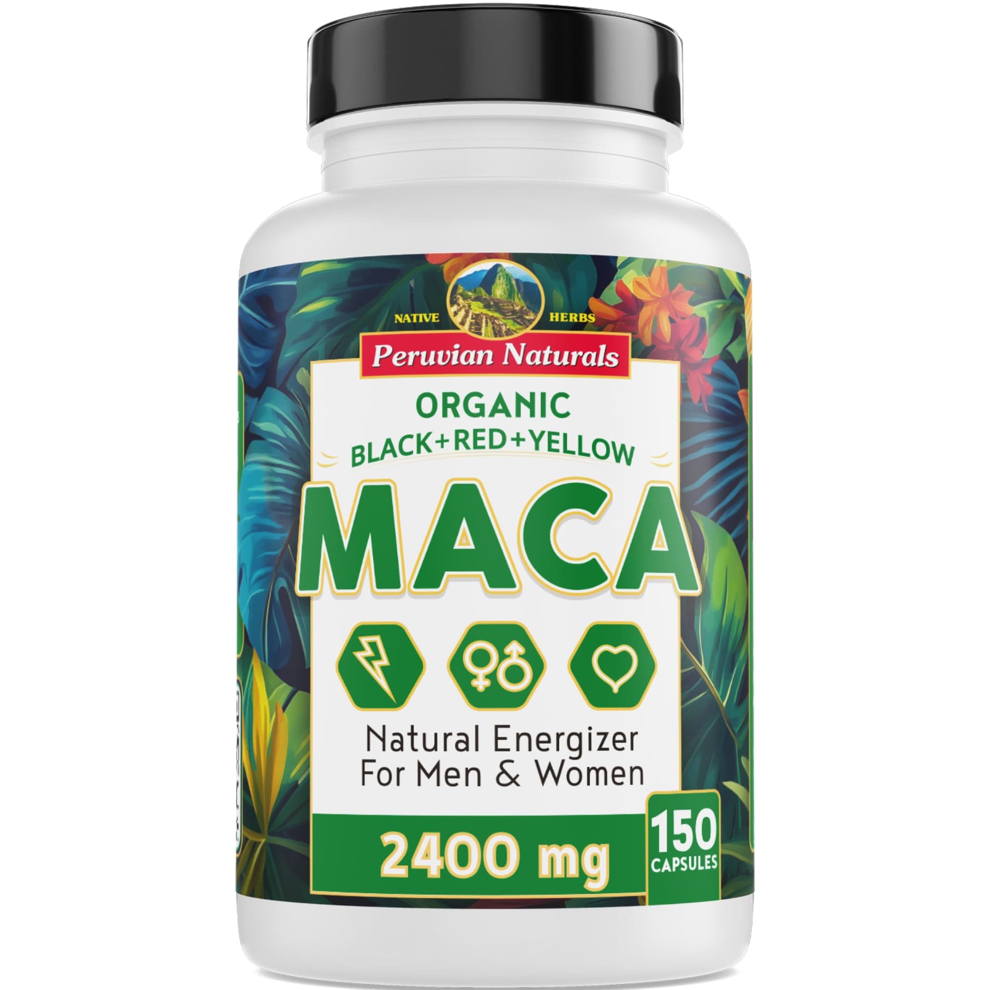 Organic Maca Root Capsules for Women & Men 2400mg per Serving - 150 Pills Black, Red, Yellow Maca Supplement - Gelatinized Macaroot, Non-GMO, Vegan by Peruvian Naturals
