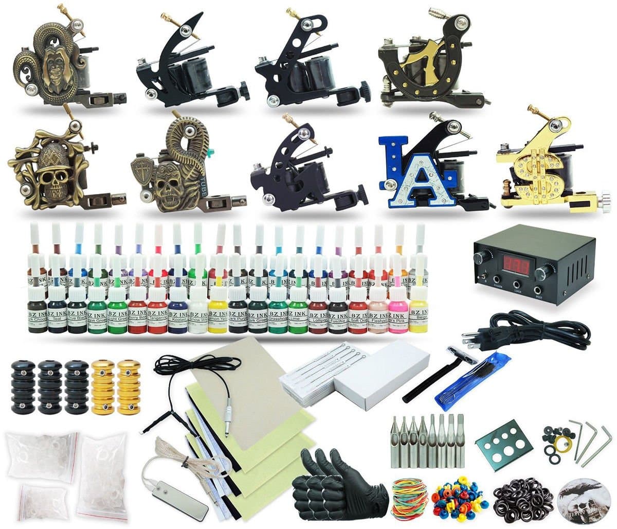 Complete Tattoo Kit 9 Machine Set Equipment Power Supply 40 Color Inks
