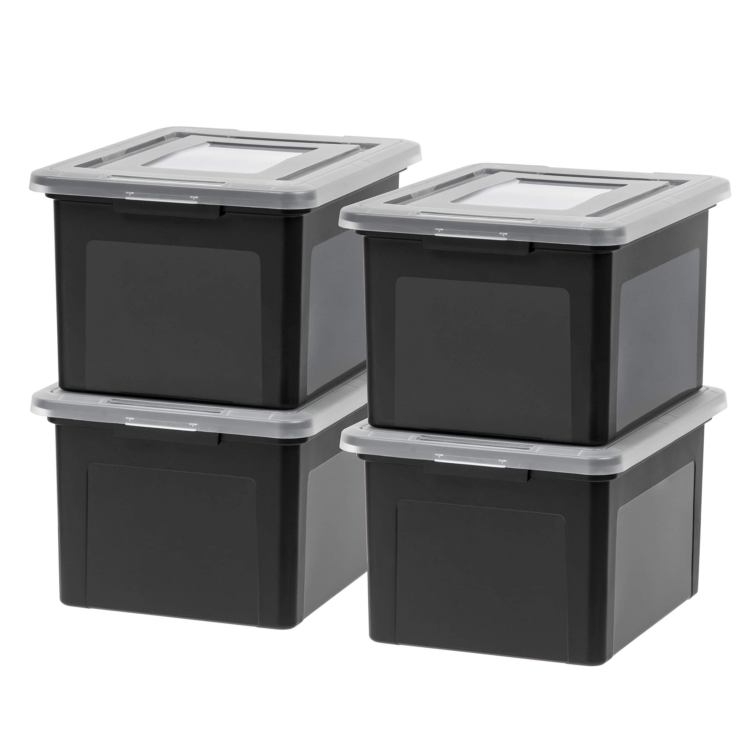 IRIS USA File Box, Plastic File Organizer with Lids for Letter/Legal File, Portable Document Box For Moving, Storage Bin with Durable and Secure Lid, Stackable Nestable BPA-Free, Black 35 Qt. 4 Pack