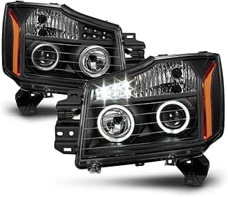 For Black LED Halo Projector Headlamps 2004-2015 Nissan Titan 04-07 Armada Headlights Driver + Passenger Side