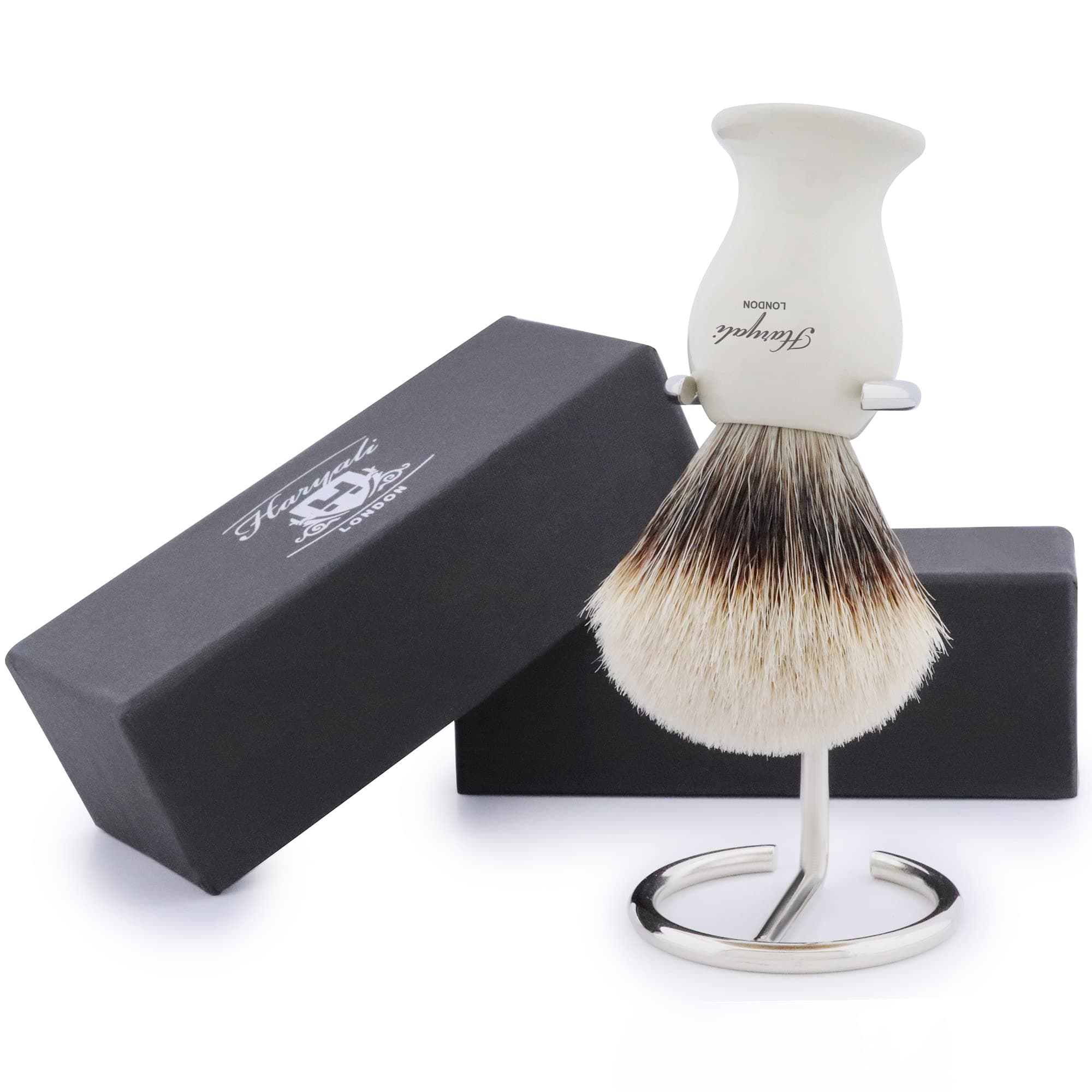 Shaving Kit - 2 Pc Shaving Kit - Silvertip Badger Shaving Brush - Stainless Steel Shaving Stand - Elegant Design Shaving Brush with Shaving Stand - Ivory Color Shaving Set