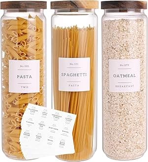 3 Set Glass Pantry Storage Jars with Acacia Airtight Lid - 50oz Thicken Glass Kitchen Canisters with 132 Pantry Labels - Tall Food Storage Containers with Wood Lid for Pasta,Spaghetti,Cereal