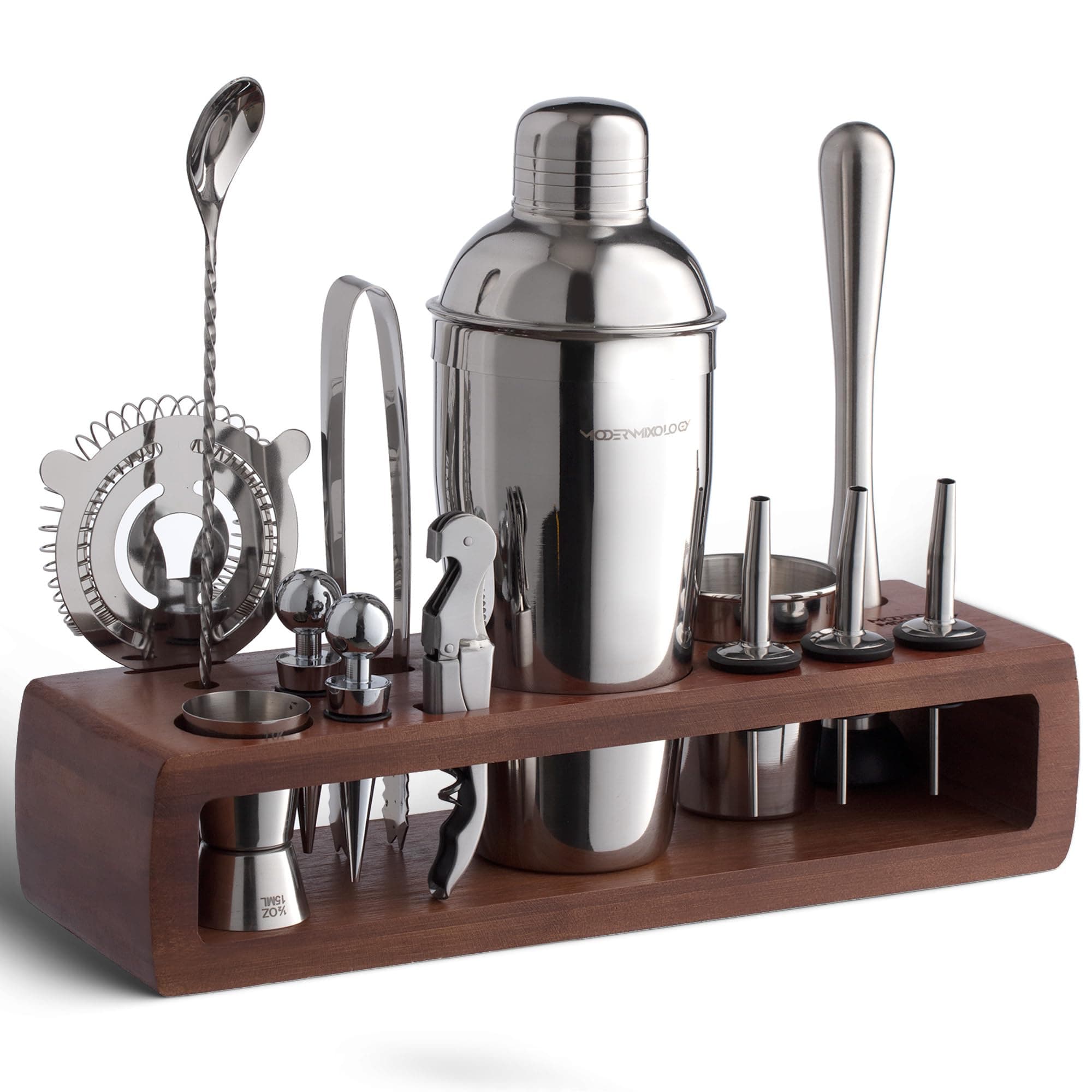 Modern Mixology 21-Piece Cocktail Shaker Set with Stand, Bartender Kit for Home Bar Accessories: 24oz Martini Shaker, Jigger, Strainer, Bar Spoon, Tongs, Opener, Muddler (Silver, Dark Brown Stand)