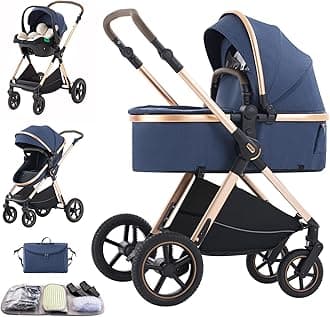 – 3 in 1 Baby Stroller with Height Adjustable Handle,3 in 1 Prams Travel System, Lightweight Foldable Pushchair, Prams with Aluminum Frame for Portable Baby Carriage