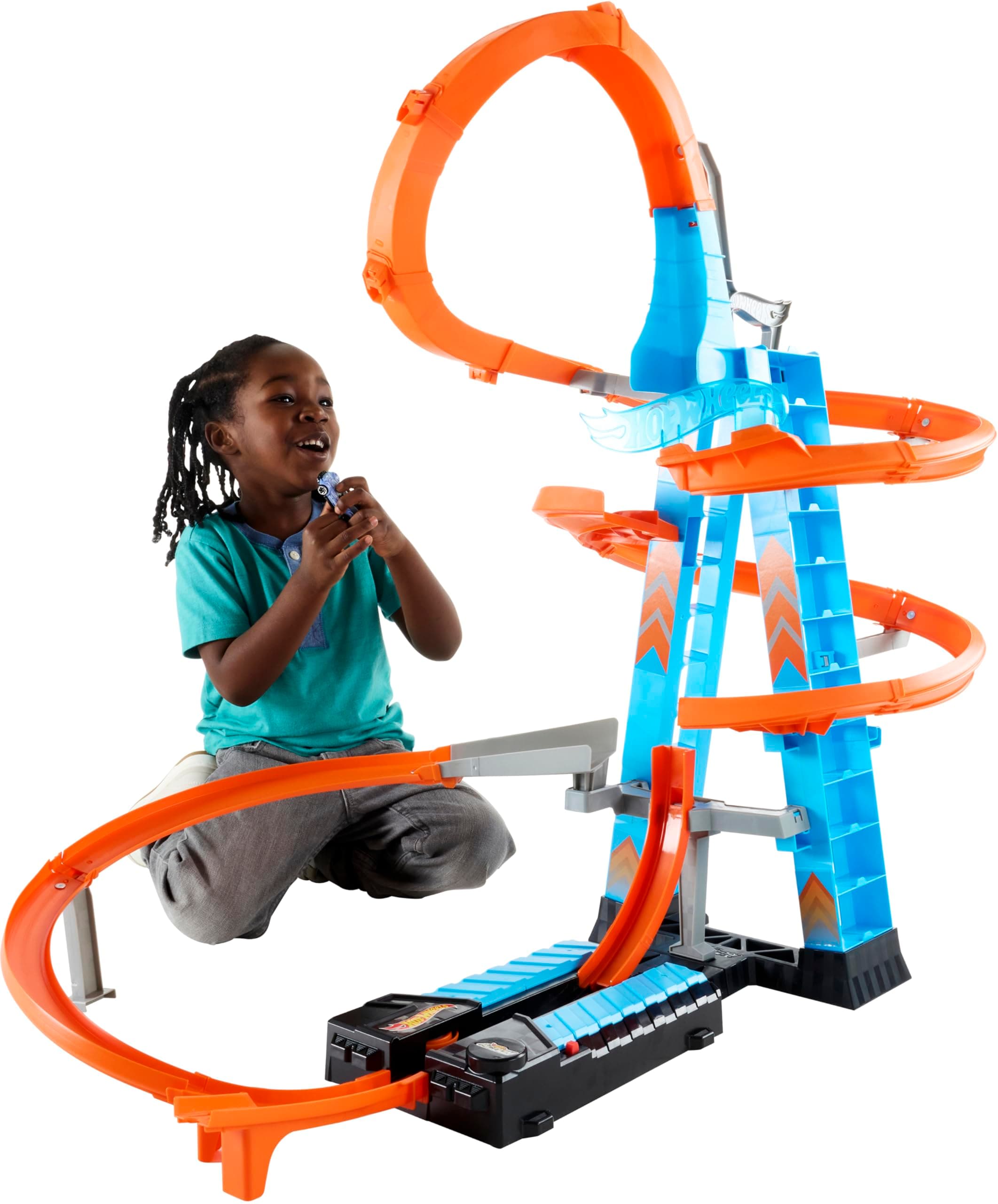 Hot Wheels Sky Crash Tower Track Set, 2.5+ ft / 83 cm High with Motorized Booster, Orange Track & 1 Vehicle, Race Multiple Cars, Gift for Kids 5 to 10 Years Old & Up