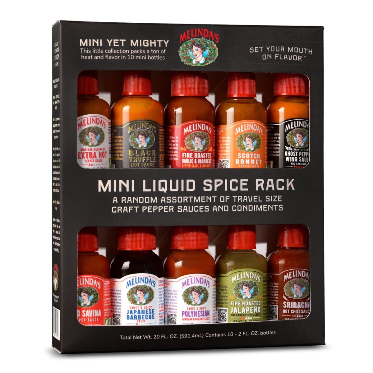 Melinda's Mini Hot Sauce Variety Pack - Surprise 10 Pack (2 Oz Each) - Gourmet Hot Sauce Gift Set with Travel Friendly Mini Hot Sauce Bottles in 24 Possible Flavors