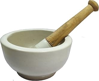 Porcelain Mortar & Pestle, Ukhali Masher Set, 5 inches, White.