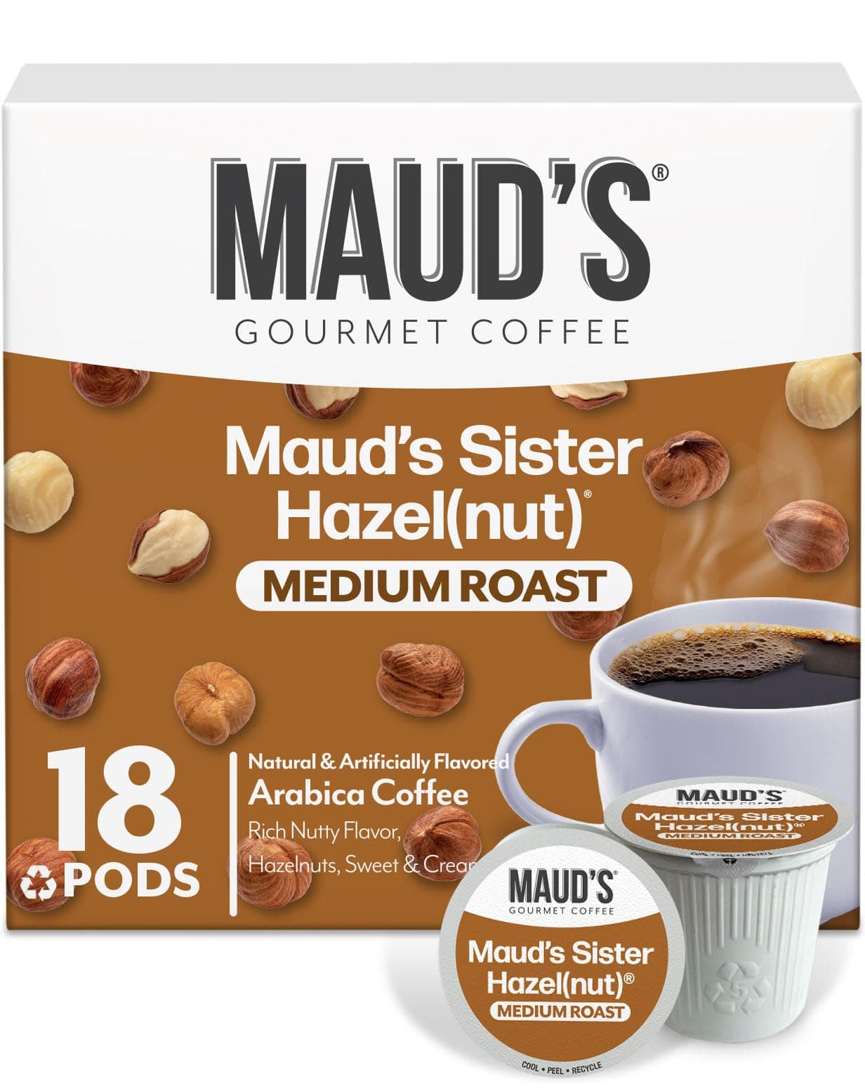 Sweet Hazelnut Flavored Coffee Pods, 18 ct, Medium Roast Flavored Coffee in Single Serve Pods – 100% Arabica Beans, Compatible with Keurig K Cups Maker