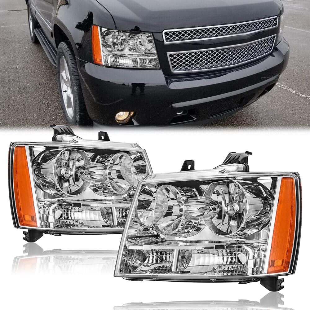 APSVE Headlights Assembly Fit for 2007-2014 Chevy Tahoe,For 07-13 Chevy Suburban Avalanche Replacement Headlamp Pair OE style, Chrome Housing Amber Side