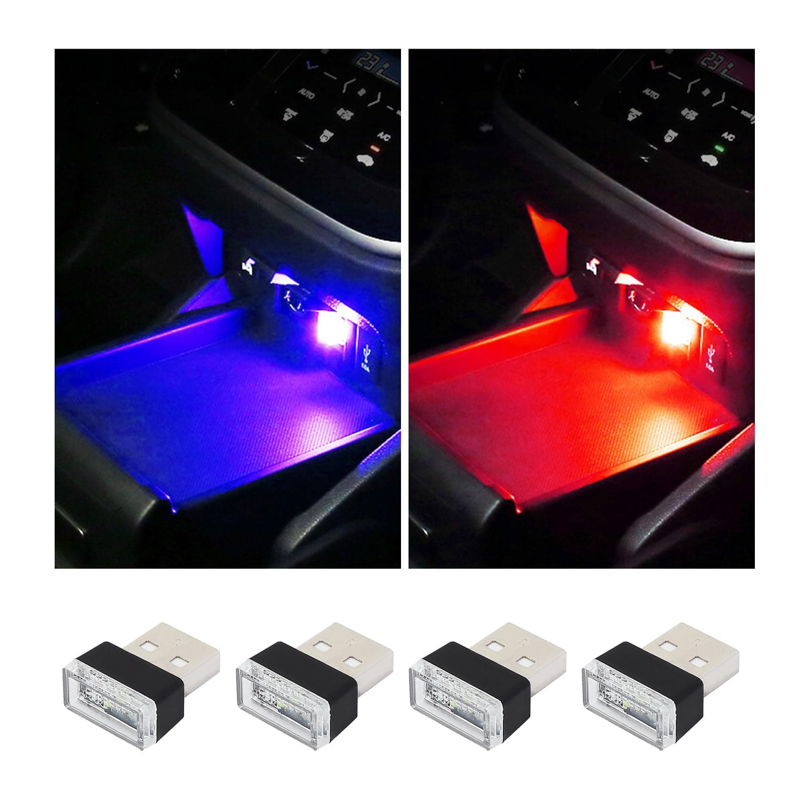 4 PCS USB LED Car Interior Atmosphere Lamp, Plug-in USB Decor Night Light, Portable Auto Ambient Lighting Kit, Universal Vehicle Interior Accessories for Most Cars (Red & Blue)