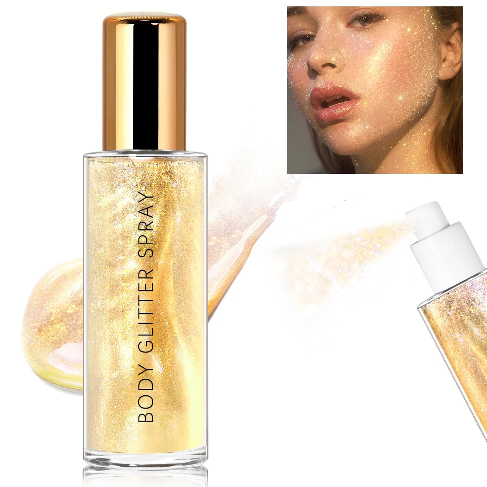 Body Glitter Spray, Moisturizing Bronze Body Shimmer Luminizer Glow Illuminator Quick-Drying and Non-Sticky Liquid Highlighter Spray for Face Hair Glitter, 60ML -Gold