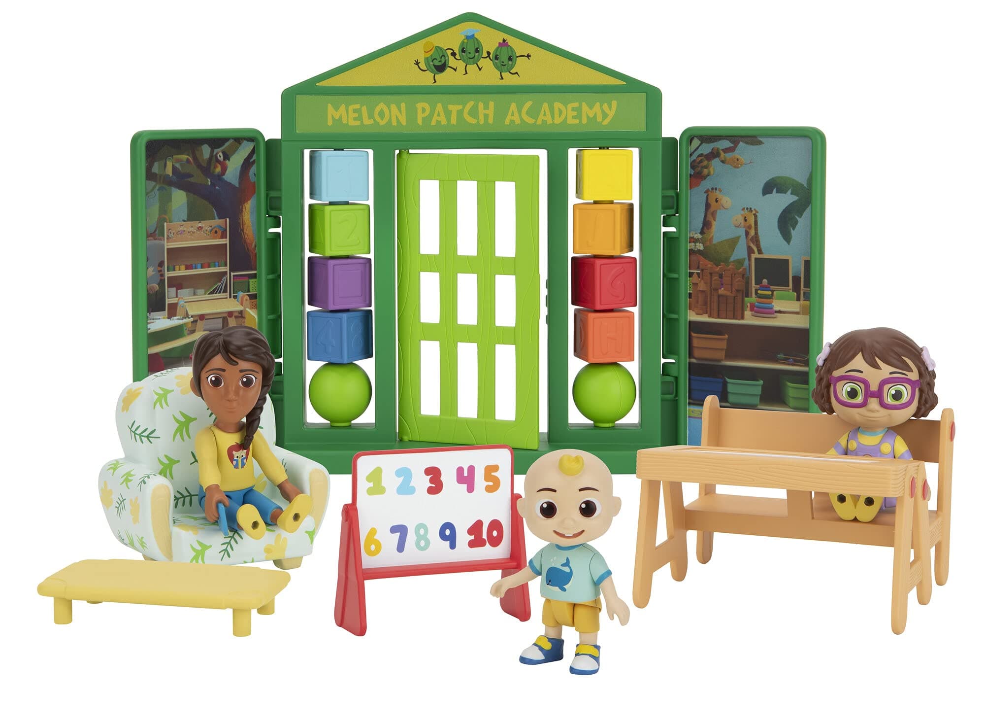 CoComelon School Time Deluxe Playtime Set - JJ, Bella, Ms. Appleberry the Teacher and 5 Accessories (Table, Cot, Armchair, Easel, Walls) - Toys for Kids, Toddlers, and Preschoolers