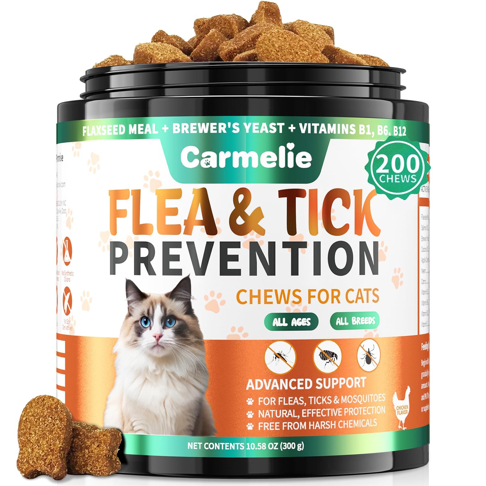 Flea and Tick Treatment for Cats - 200 Chews Flea and Tick Prevention for Cat Chewables - Flea Treatment for Cats All Breeds & Ages - Natural Cat Fleas and Ticks Defense - Chicken Flavor