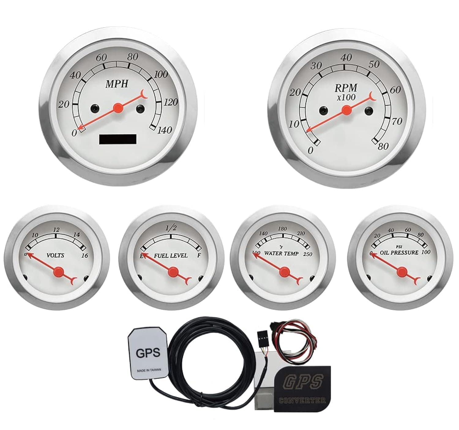 MOTOR METER RACING Classic 6 Gauge Set with GPS Electrical Speedometer Digital Odometer White Dial Red Needle Light Bulb Illumination 85mm 3-3/8" & 52mm 2-1/16"